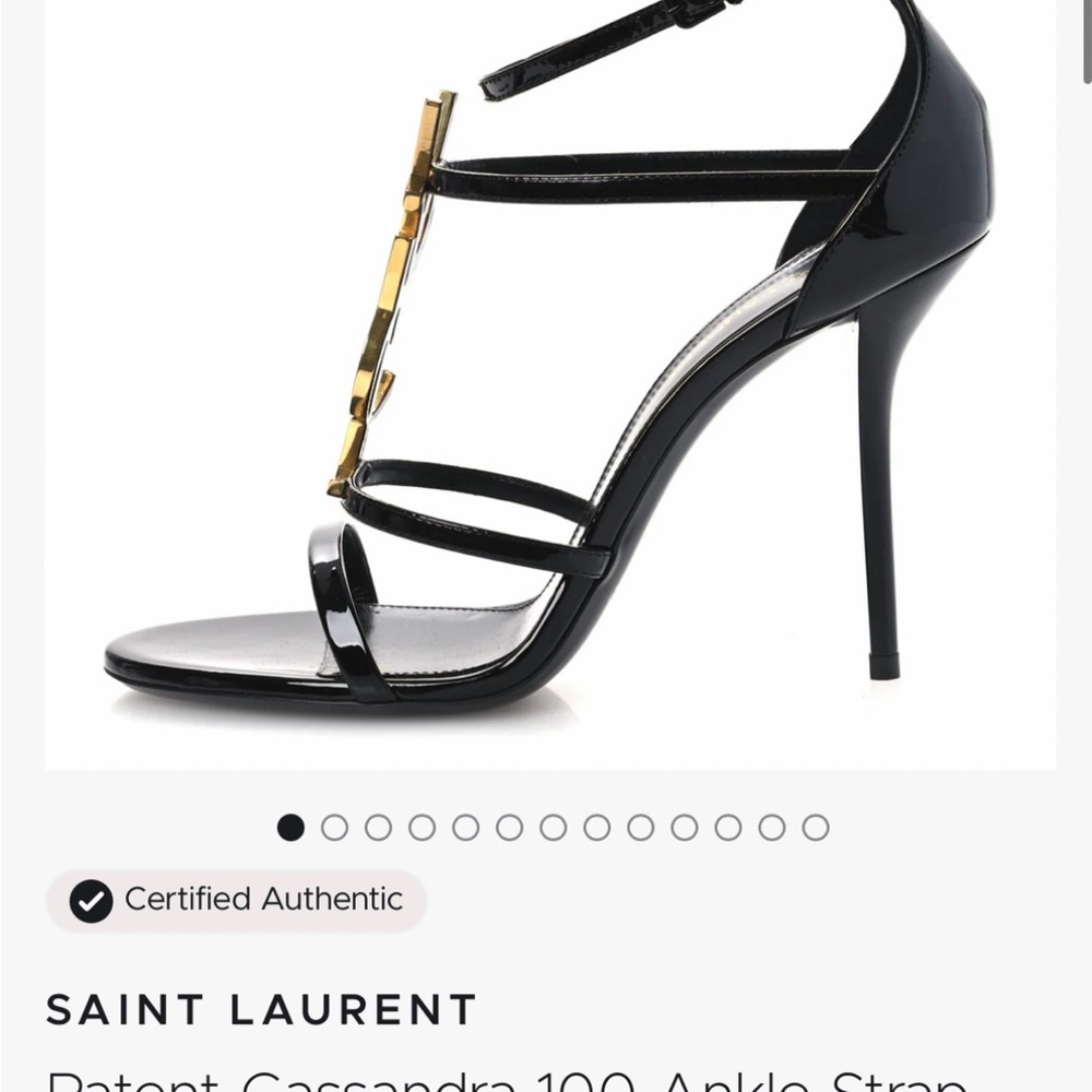 Gold YSL Saint Laurent Black Patent Sandal Heels  size 38.5 (8) Authentic